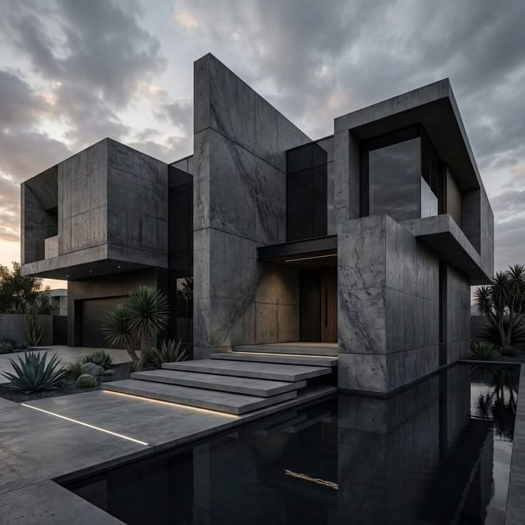 A board-marked concrete house with a reflecting pool