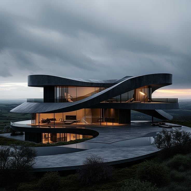 A sculptural curving hilltop house at dusk
