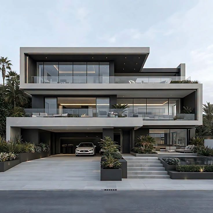 A three-storey glass house with terraces