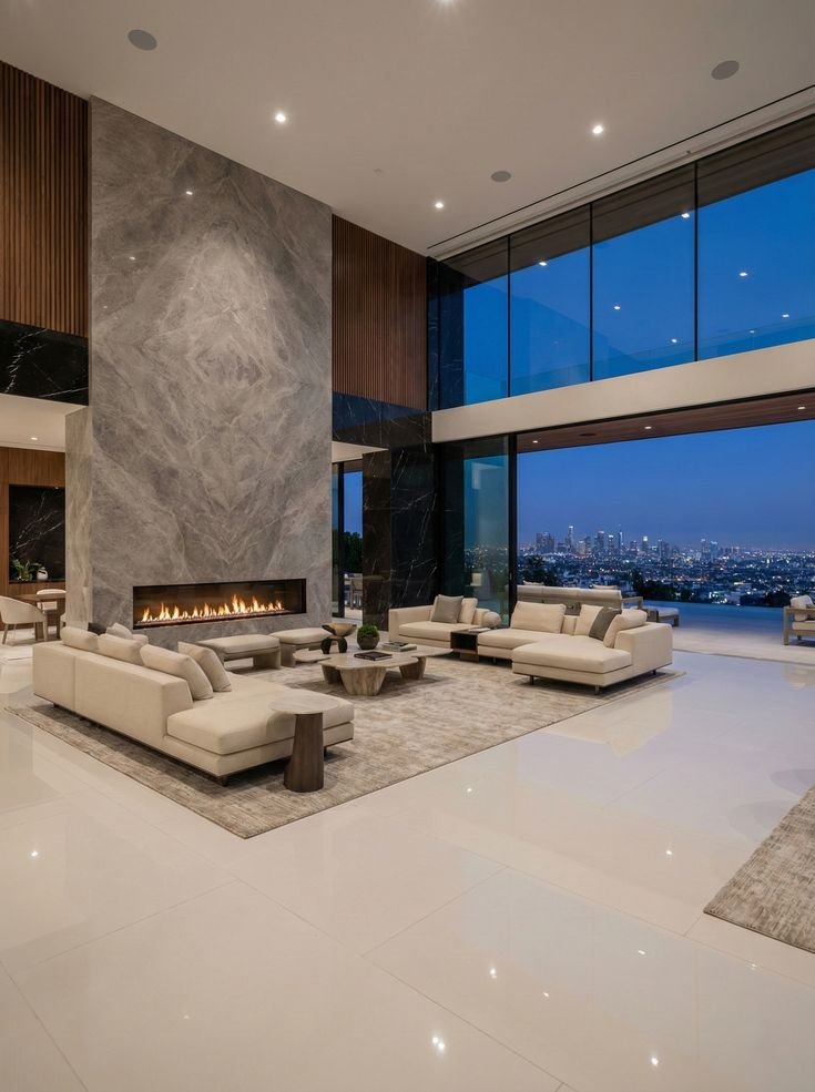 A marble fireplace wall with city views