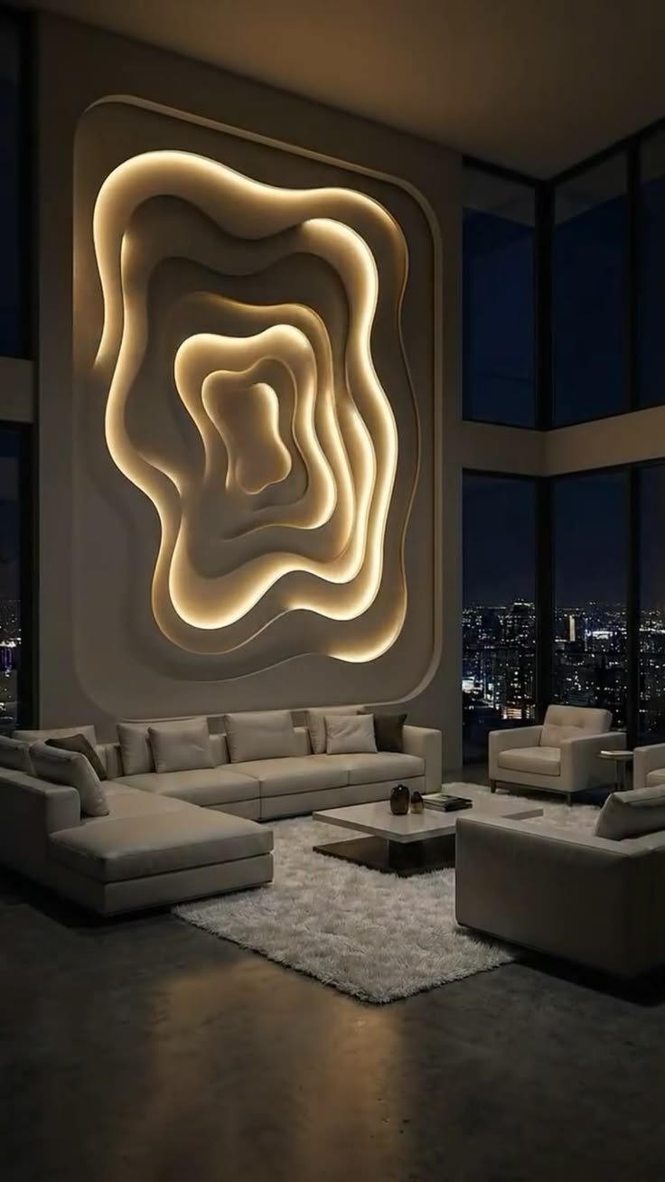 A living room with a sculpted illuminated feature wall