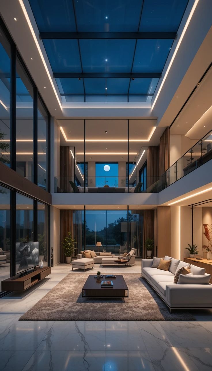 A double-height living room beneath a glass roof