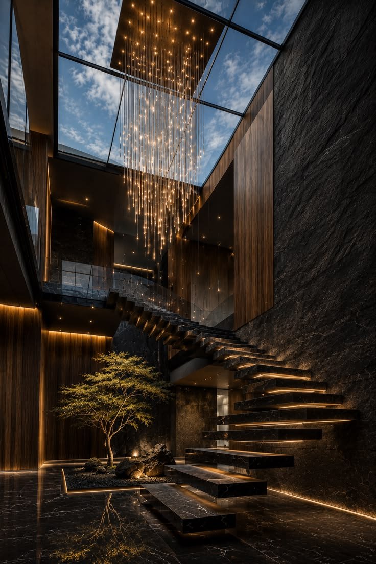 A glazed atrium with a cascade of lights above a floating marble staircase